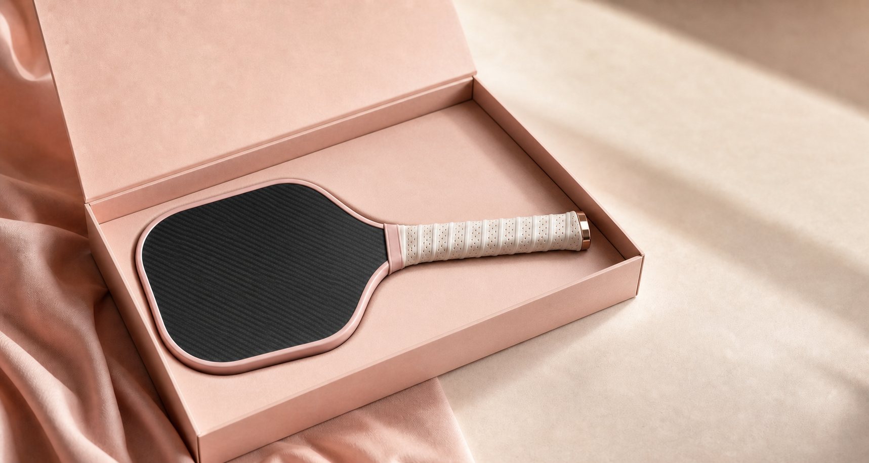 Morandi Pink paddle resting inside its gift box in soft window light