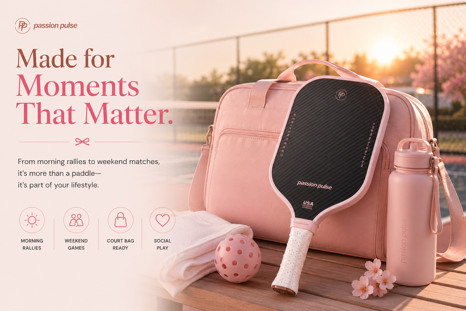 Morandi Pink paddle and court bag in warm weekend light